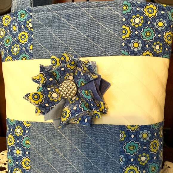 Handmade Denim and Cotton Quilted Purse with Zip Closure and Shabby Chic Flower - Picture 4 of 10